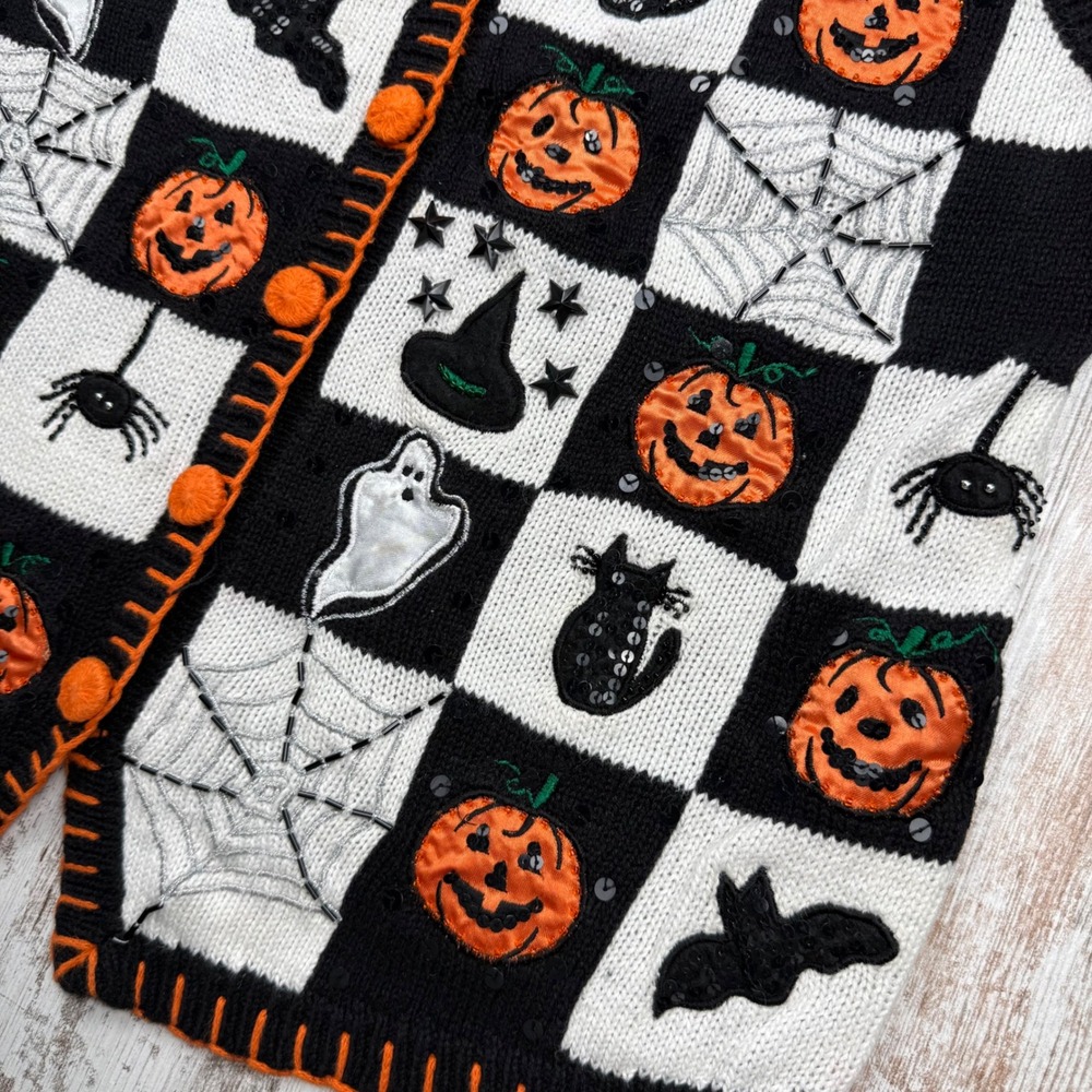 VTG Basic Editions Halloween Sweater Vest Medium Checkered Pumpkin Cat Teacher - Picture 5 of 9